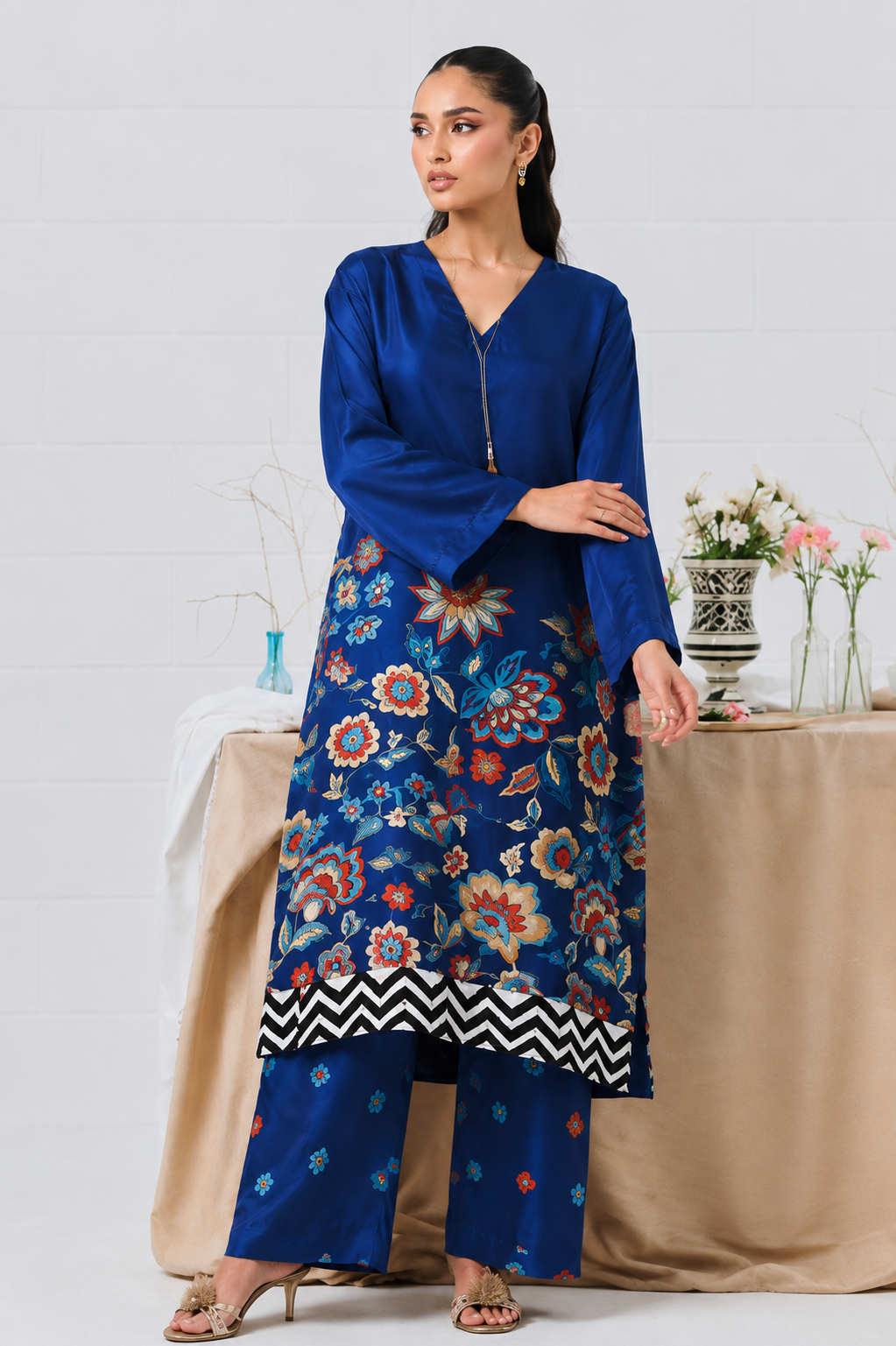 Blue Floral Printed 2 Piece Suit